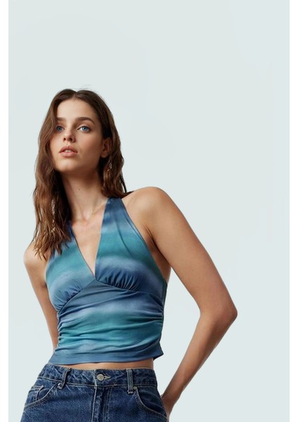 Vücuda Oturan Boyundan Bağlamalı Crop Bluz Polyester Elastan Sandy Dokuma Yüksek Kalite