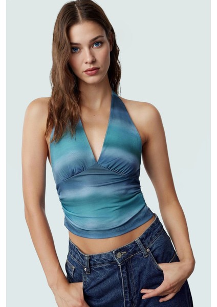 Vücuda Oturan Boyundan Bağlamalı Crop Bluz Polyester Elastan Sandy Dokuma Yüksek Kalite fiyatları