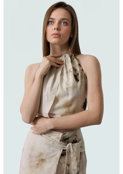 Yazlık Şık Crop Bluz Halter Yaka Keten Görünümlü Regular Kalıp 100% Polyester Uzun Ömürlü fiyatları