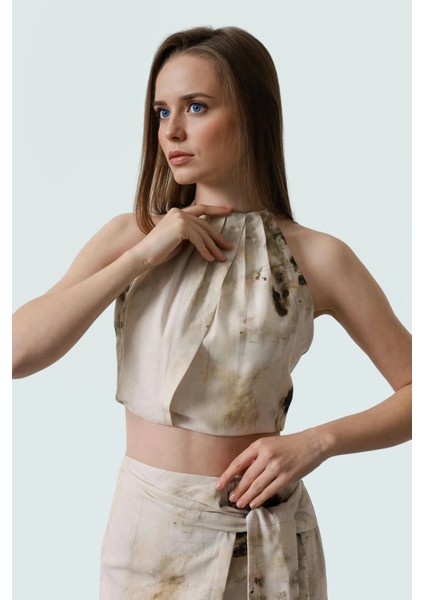 Yazlık Şık Crop Bluz Halter Yaka Keten Görünümlü Regular Kalıp 100% Polyester Uzun Ömürlü modelleri