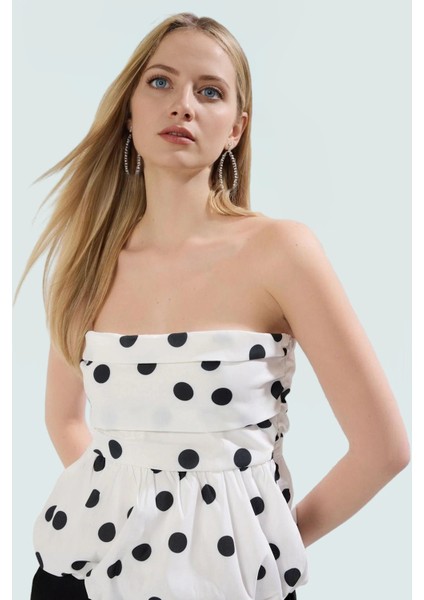 Straplez Fitted Puantiyeli Bluz Terrycotton Kumaş Yazlık Mükemmel Uyum Uzun Ömürlü