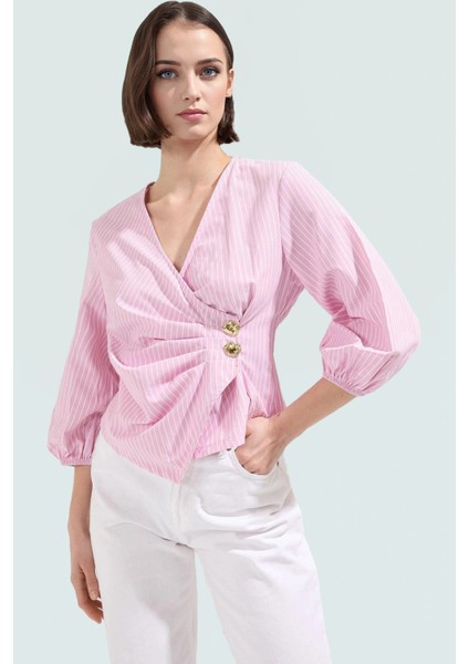 Yazlık Kısa Kol Çizgili Terrycotton Bluz V Yaka Casual Modern Stil Yüksek Kalite Uzun Ömürlü fiyatları