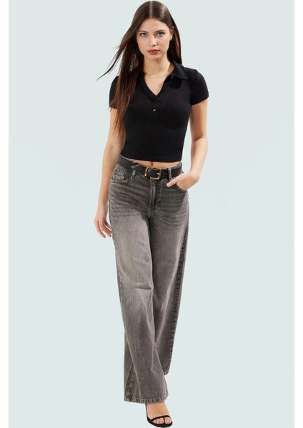 Viskoz Ribana Örme Bluz Crop Polo Yaka Fitted Rahat Kullanım Premium Kalite Modern Stil