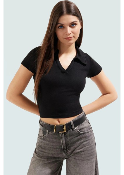 Viskoz Ribana Örme Bluz Crop Polo Yaka Fitted Rahat Kullanım Premium Kalite Modern Stil fiyatları