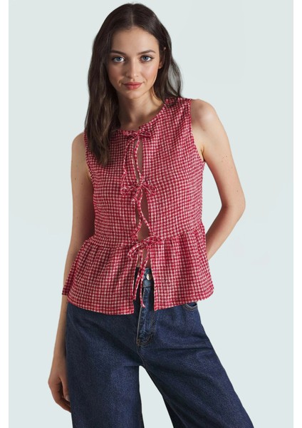 Yazlık Casual Ekose Peplum Bluz Bağcıklı Bisiklet Yaka Polyester Uzun Ömürlü
