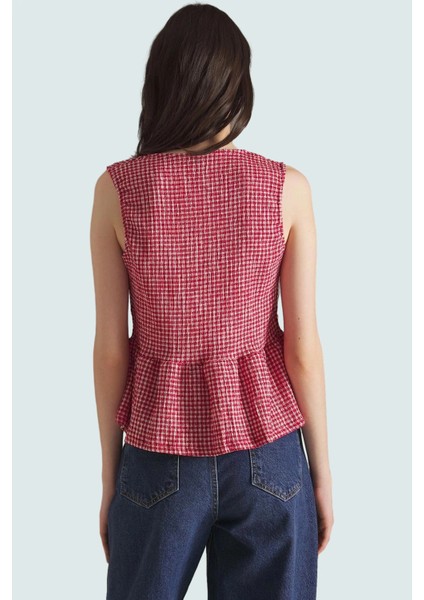 Yazlık Casual Ekose Peplum Bluz Bağcıklı Bisiklet Yaka Polyester Uzun Ömürlü modelleri