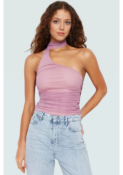 Polyester Elastan Bluz Bağlamalı Asimetrik Yaka Kolsuz Fitted Kalıp Yazlık