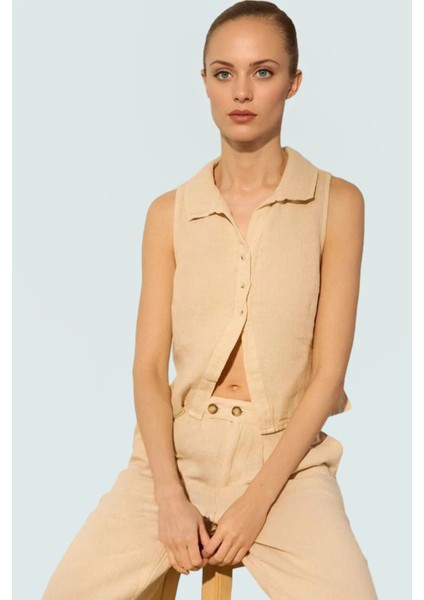 100 Keten Bluz Dik Yaka Kolsuz Fitted Günlük Stil Trend Tasarım Özenle Seçilmiş Özel fiyatları