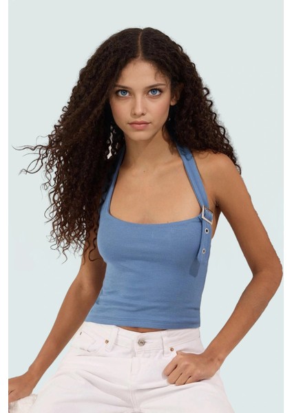 Fitted Kalıp Viskoz Ribana Crop Bluz Boyundan Bağlamalı Yaka Günlük Stil