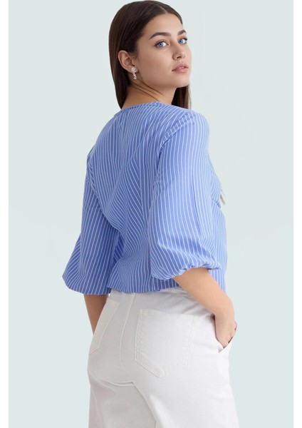 V Yaka Bluz Terrycotton Kumaş Fitted Kalıp Çizgili Günlük Kaliteli Işçilik Şık Görünüm modelleri
