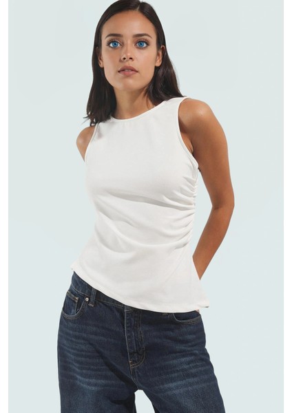 Şık ve Nefes Alabilir Dokuma Bluz Asimetrik Kesim Bisiklet Yaka Yazlık Rahat fiyatları