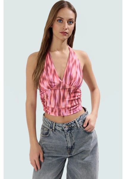 Vücuda Oturan Boyundan Bağlamalı Crop Bluz Polyester Elastan Sandy Dokuma Yüksek Kalite fiyatları