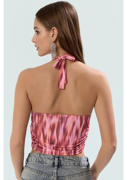 Vücuda Oturan Boyundan Bağlamalı Crop Bluz Polyester Elastan Sandy Dokuma Yüksek Kalite modelleri