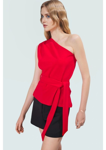 Basic Fitted Scuba Krep Bluz Asimetrik Yaka ve Kuşak Detay Dayanıklı Malzeme Trend Tasarım