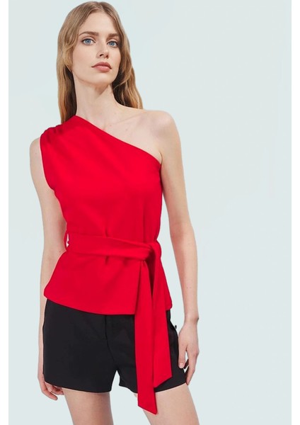 Basic Fitted Scuba Krep Bluz Asimetrik Yaka ve Kuşak Detay Dayanıklı Malzeme Trend Tasarım fiyatları