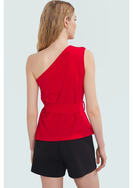 Basic Fitted Scuba Krep Bluz Asimetrik Yaka ve Kuşak Detay Dayanıklı Malzeme Trend Tasarım modelleri