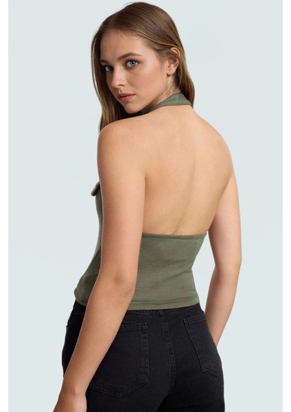 Fitted Kalıp Viskoz Ribana Crop Bluz Boyundan Bağlamalı Yaka Günlük Stil