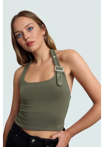 Fitted Kalıp Viskoz Ribana Crop Bluz Boyundan Bağlamalı Yaka Günlük Stil fiyatları