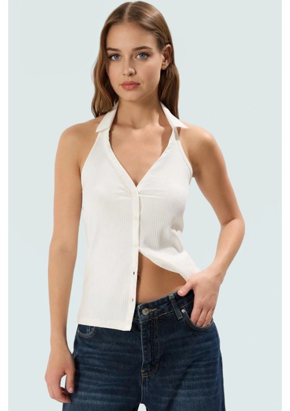 Fitted Vücut Örme Bluz Renk Polo Yaka Fermuarlı Pamuklu Yazlık Konforlu Kesim