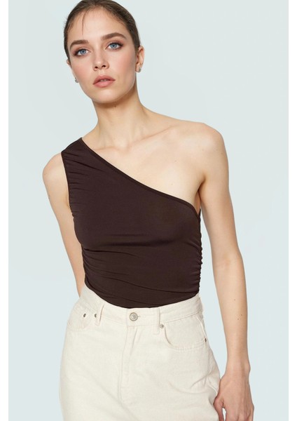 Fitted Tek Omuz Bluz Esnek Örme Crop Boy Modern Stil Premium Kalite Seçkin Malzeme
