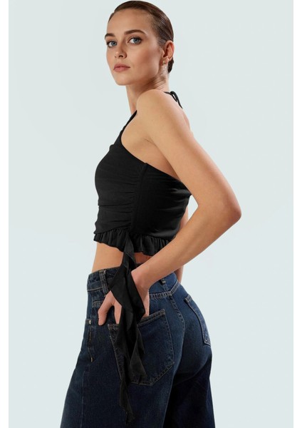 Örme Kumaş Krop Bluz Halter Yaka Fitted Kolsuz Yazlık Yüksek Kalite Premium
