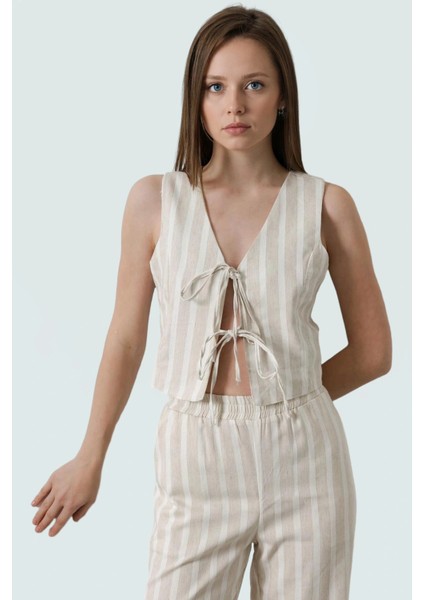 Keten Görünümlü Çizgili Crop Bluz V Yaka Kolsuz Rahat Uzun Ömürlü Trend Tasarım modelleri