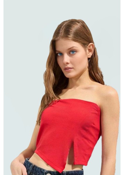 Fitted Straplez Crop Bluz Yan Fermuar Asimetrik Kesim Polyester Kumaş Profesyonel Görünüm