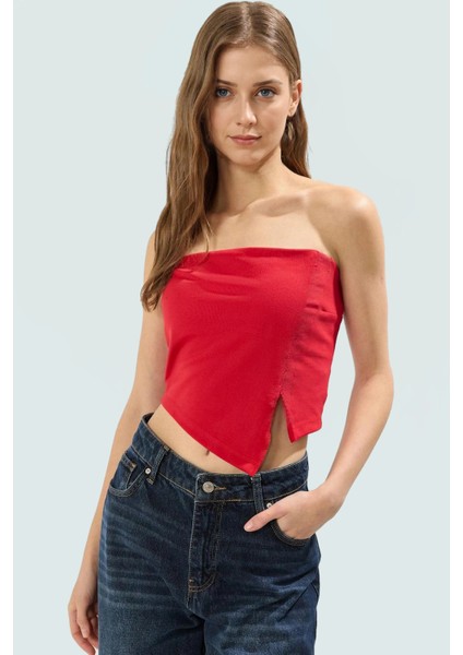 Fitted Straplez Crop Bluz Yan Fermuar Asimetrik Kesim Polyester Kumaş Profesyonel Görünüm fiyatları
