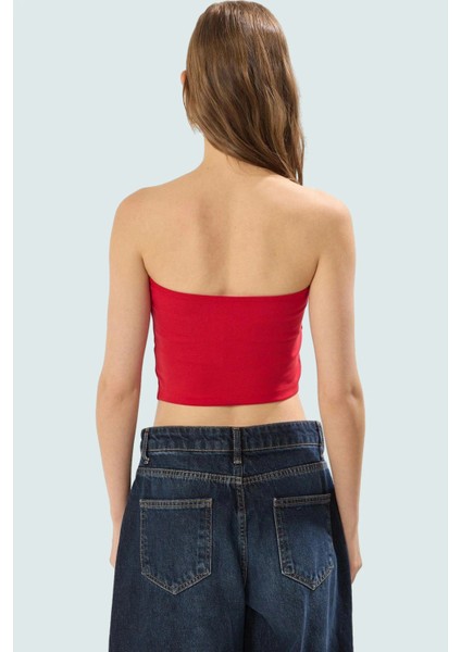 Fitted Straplez Crop Bluz Yan Fermuar Asimetrik Kesim Polyester Kumaş Profesyonel Görünüm modelleri