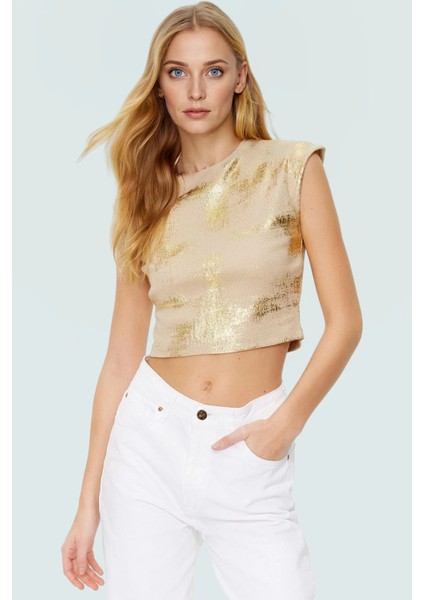 Yazlık Casual Pamuklu Crop Bluz Fitted Kesim Altın Varaklı Dijital Baskı Modern Stil Premium Kalite fiyatları