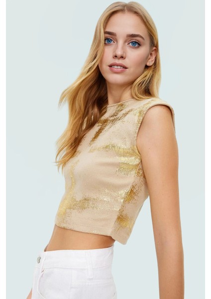 Yazlık Casual Pamuklu Crop Bluz Fitted Kesim Altın Varaklı Dijital Baskı Modern Stil Premium Kalite modelleri
