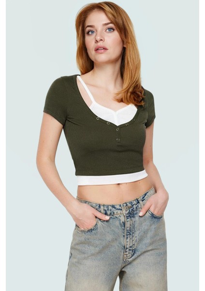 Kısa Kollu Bluz Vücudu Saran Örme Polyester Yazlık Profesyonel Görünüm Kaliteli Işçilik