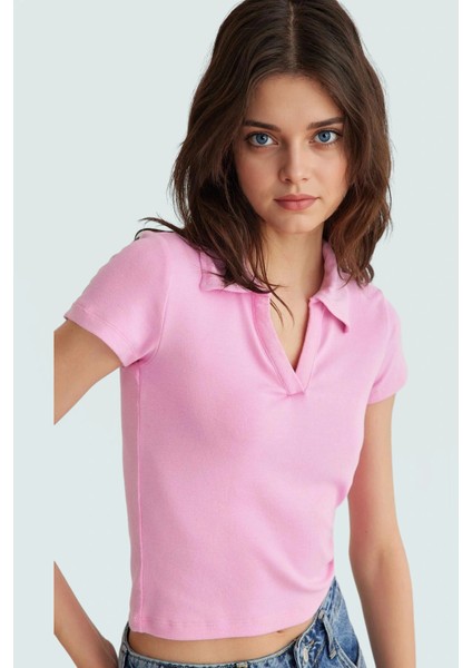 Viskoz Ribana Örme Bluz Crop Polo Yaka Fitted Rahat Kullanım Premium Kalite Modern Stil