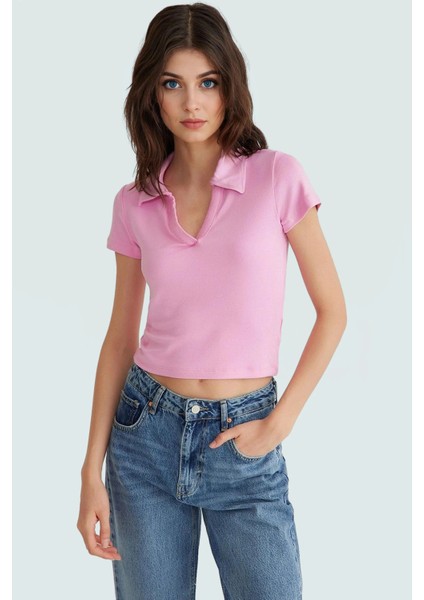 Viskoz Ribana Örme Bluz Crop Polo Yaka Fitted Rahat Kullanım Premium Kalite Modern Stil fiyatları