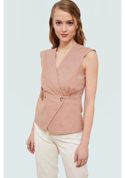 Yazlık Kolsuz Bluz Pamuklu Keten Görünümlü V Yaka Düğmeli Rahat Kesim Özenle Seçilmiş