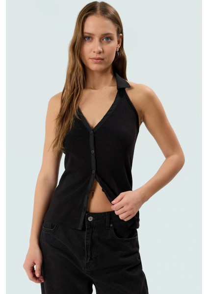 Pamuklu Kaşkorse Örme Bluz Renk Kolsuz Polo Yaka Fitted Fermuarlı Konforlu Kesim