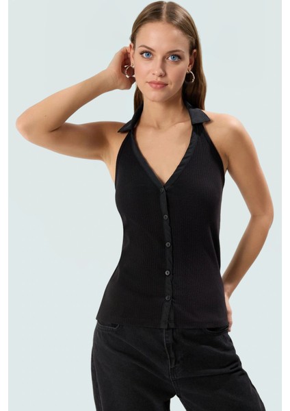 Pamuklu Kaşkorse Örme Bluz Renk Kolsuz Polo Yaka Fitted Fermuarlı Konforlu Kesim fiyatları