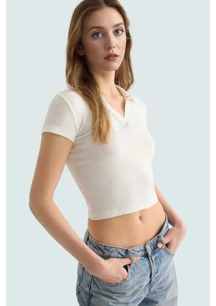 Viskoz Ribana Örme Bluz Crop Polo Yaka Fitted Rahat Kullanım Premium Kalite Modern Stil fiyatları