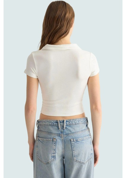 Viskoz Ribana Örme Bluz Crop Polo Yaka Fitted Rahat Kullanım Premium Kalite Modern Stil modelleri