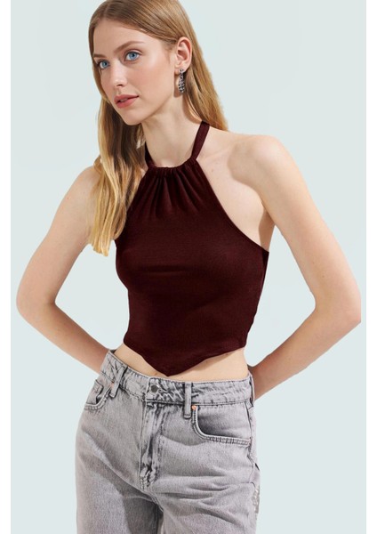 Yazlık Kadın Viskoz Bluz Halter Yaka Crop Fitted Kalıp Dayanıklı Malzeme Yüksek Kalite