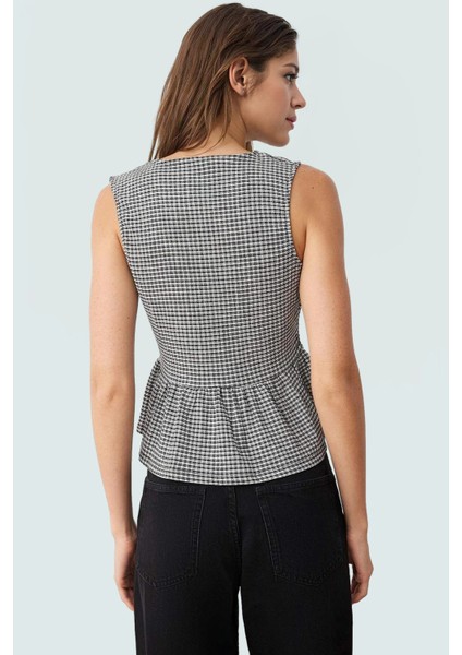Kolsuz Ekose Bluz Polyester Elastan Jakarlı Örme Yazlık Günlük Rahat ve Şık modelleri