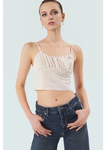 Rahat ve Şık Crop Bluz Keten Görünümlü Dokuma Ince Askılı Yazlık Uzun Ömürlü Trend Tasarım fiyatları