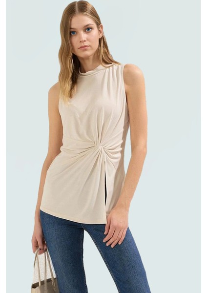 Modal Polyester Örme Bluz Dik Yaka Büzgü Detaylı Yazlık Kaliteli Işçilik Şık Görünüm