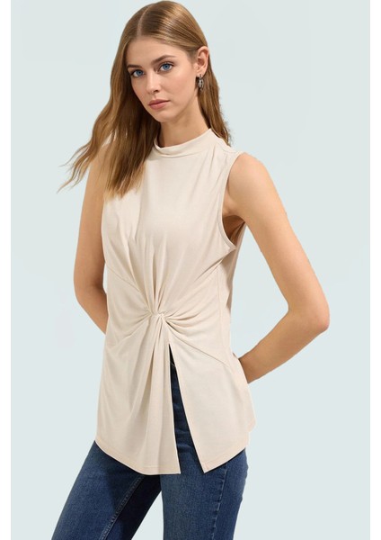 Modal Polyester Örme Bluz Dik Yaka Büzgü Detaylı Yazlık Kaliteli Işçilik Şık Görünüm fiyatları