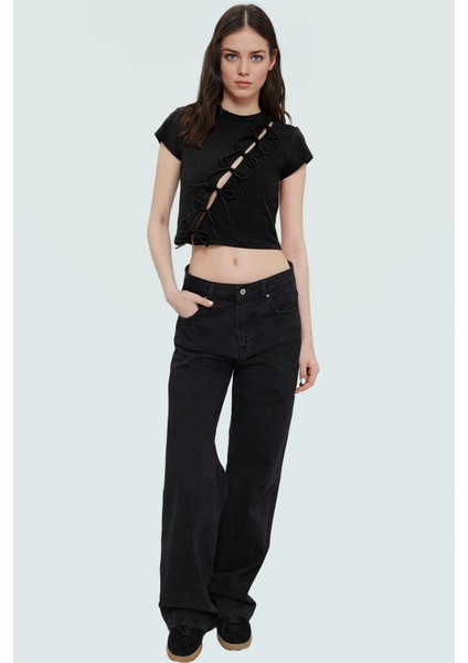 Yazlık Kadın Crop Bluz Fiyonk Detaylı Pamuklu Dayanıklı Malzeme