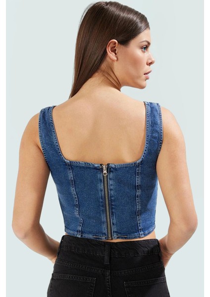 Denim Crop Bluz Fitted Kalıp Kare Yaka Yazlık Özel Tasarım Modern Stil Şık Görünüm modelleri