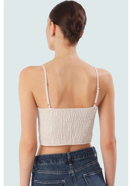 Rahat ve Şık Crop Bluz Keten Görünümlü Dokuma Ince Askılı Yazlık Uzun Ömürlü Trend Tasarım modelleri