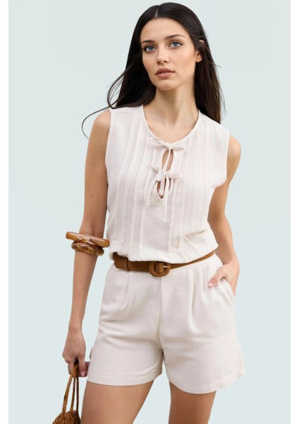 Kolsuz Bluz Keten Karışımı Bisiklet Yaka Rahat Yazlık Model Mükemmel Uyum