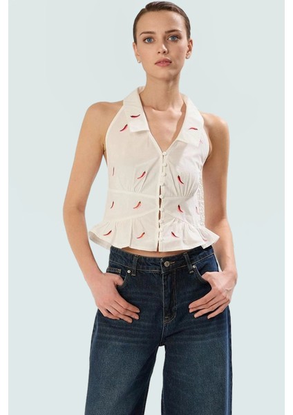 Pamuklu Terrycotton Crop Bluz Fitted Kalıp Biber Nakış Detaylı Kaliteli Işçilik