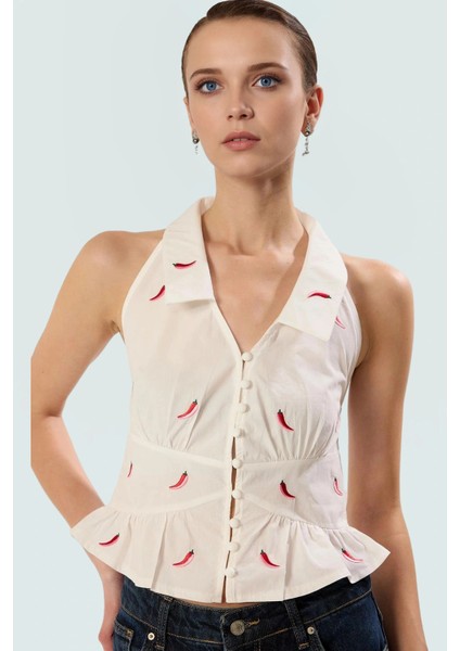 Pamuklu Terrycotton Crop Bluz Fitted Kalıp Biber Nakış Detaylı Kaliteli Işçilik fiyatları